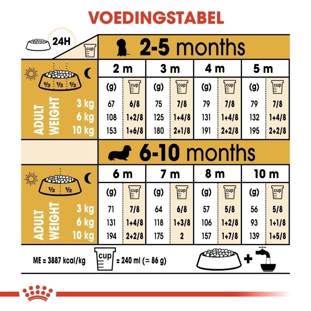 Royal Canin grafiek die de voedingsvoordelen voor Dashond puppy's benadrukt: immuunsysteem, botten/gewrichten, spijsvertering.