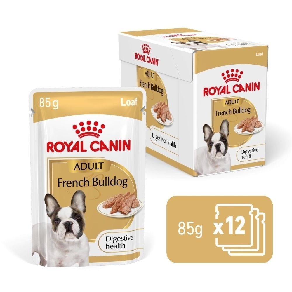 Nourriture pour chien Royal Canin Adult French Bulldog, sachet et boîte de 85g.