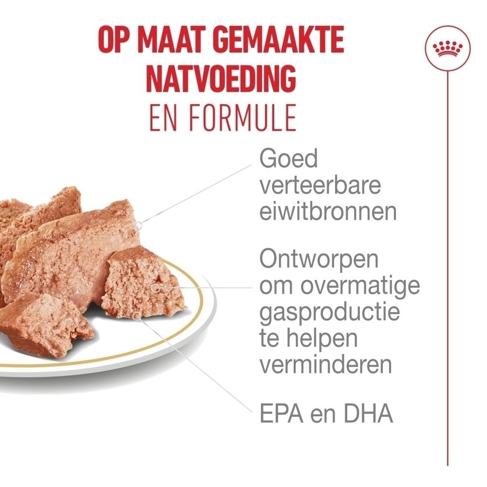 Dierenvoer op een bord met tekst over goed verteerbare eiwitten en EPA/DHA.
