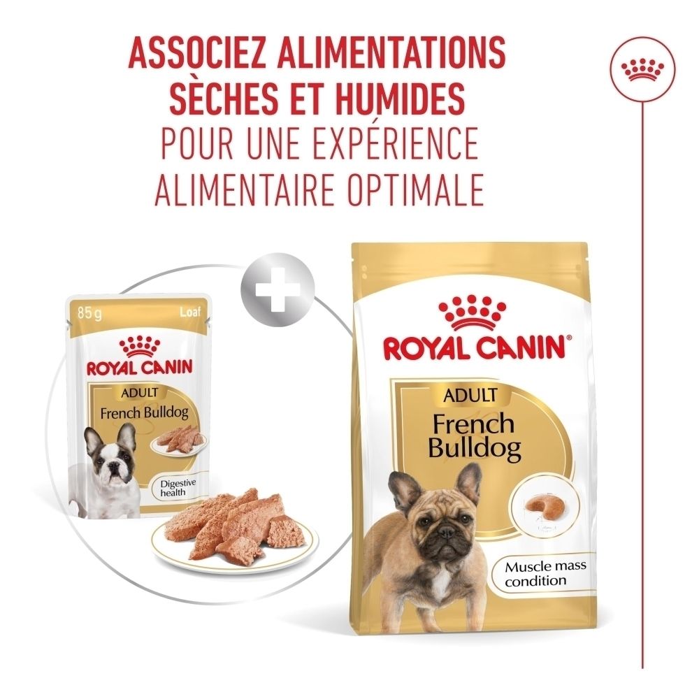 Nourriture sèche et humide Royal Canin French Bulldog pour adultes.