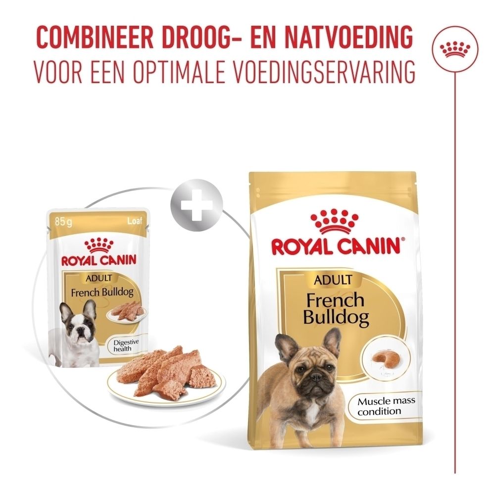 Royal Canin French Bulldog Adult droog- en natvoer. Zak brokken en klein zakje van 85g natvoer.