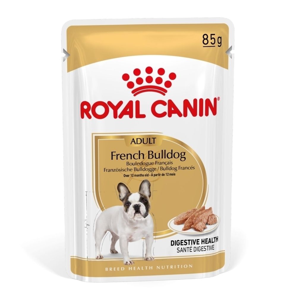 Sachet Royal Canin French Bulldog Adulte 85g avec image de chien et nourriture.