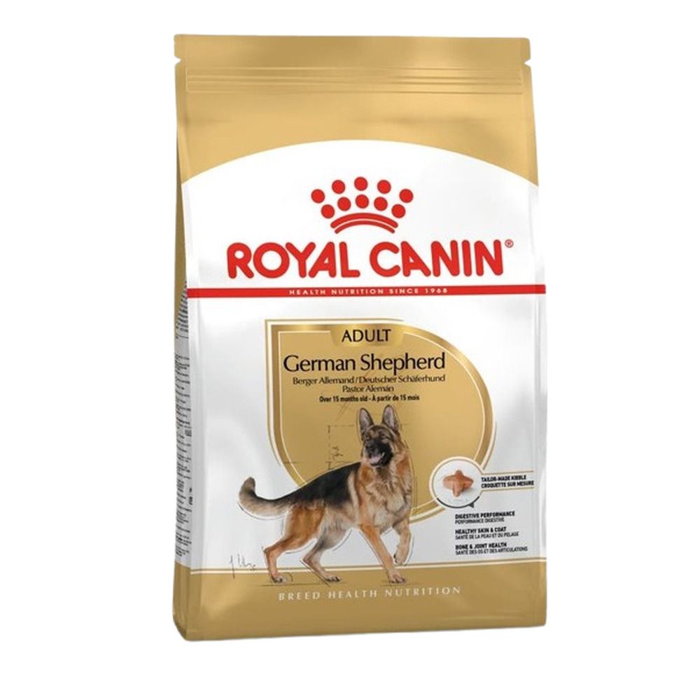 Royal Canin German Shepherd Adult hondenvoer zak, 11kg. Gouden en witte verpakking met afbeelding van een Duitse Herder.
