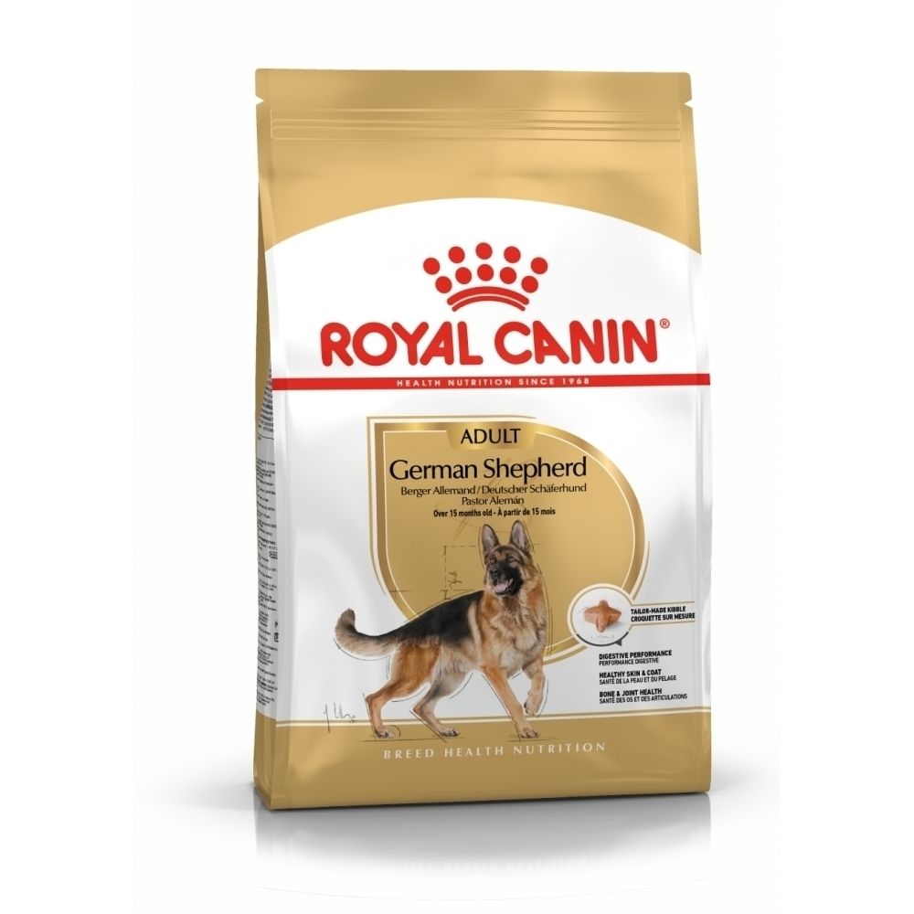 Sac de nourriture Royal Canin pour chien adulte Berger Allemand avec image d'un Berger Allemand.