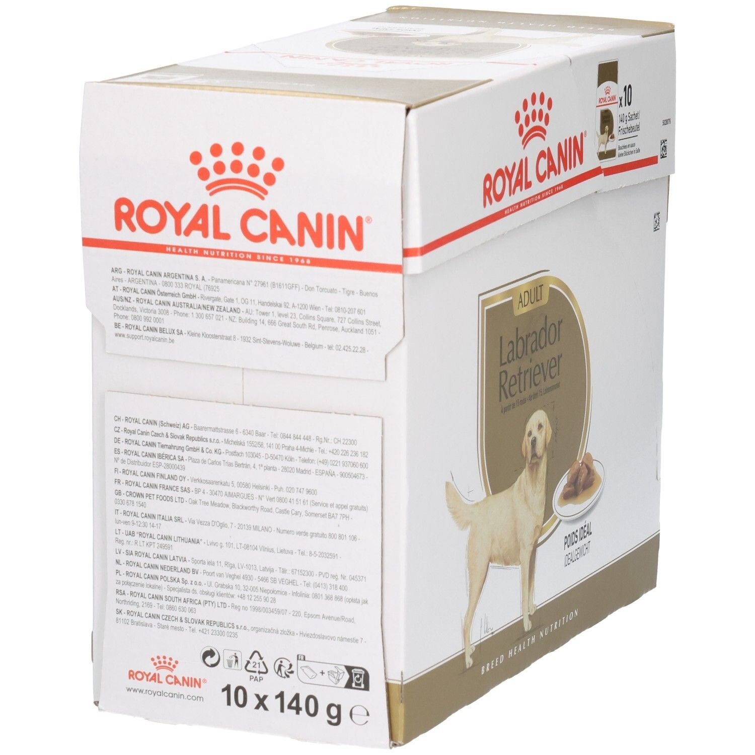 Royal Canin Labrador Retriever Adult voerdoos, achterkant met voedingsinstructies.