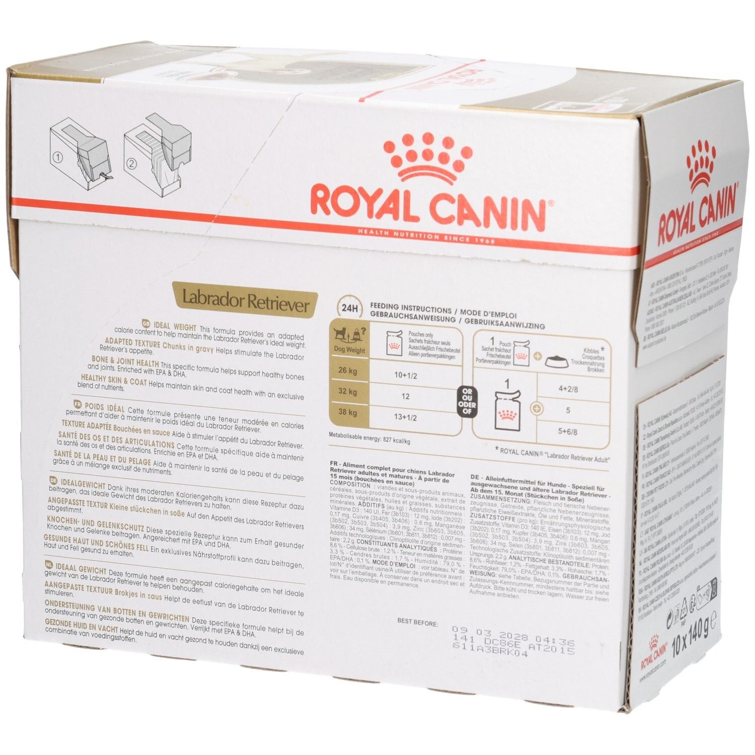 Royal Canin Labrador Retriever Adult voerdoos, zijaanzicht met voedingsinstructies.