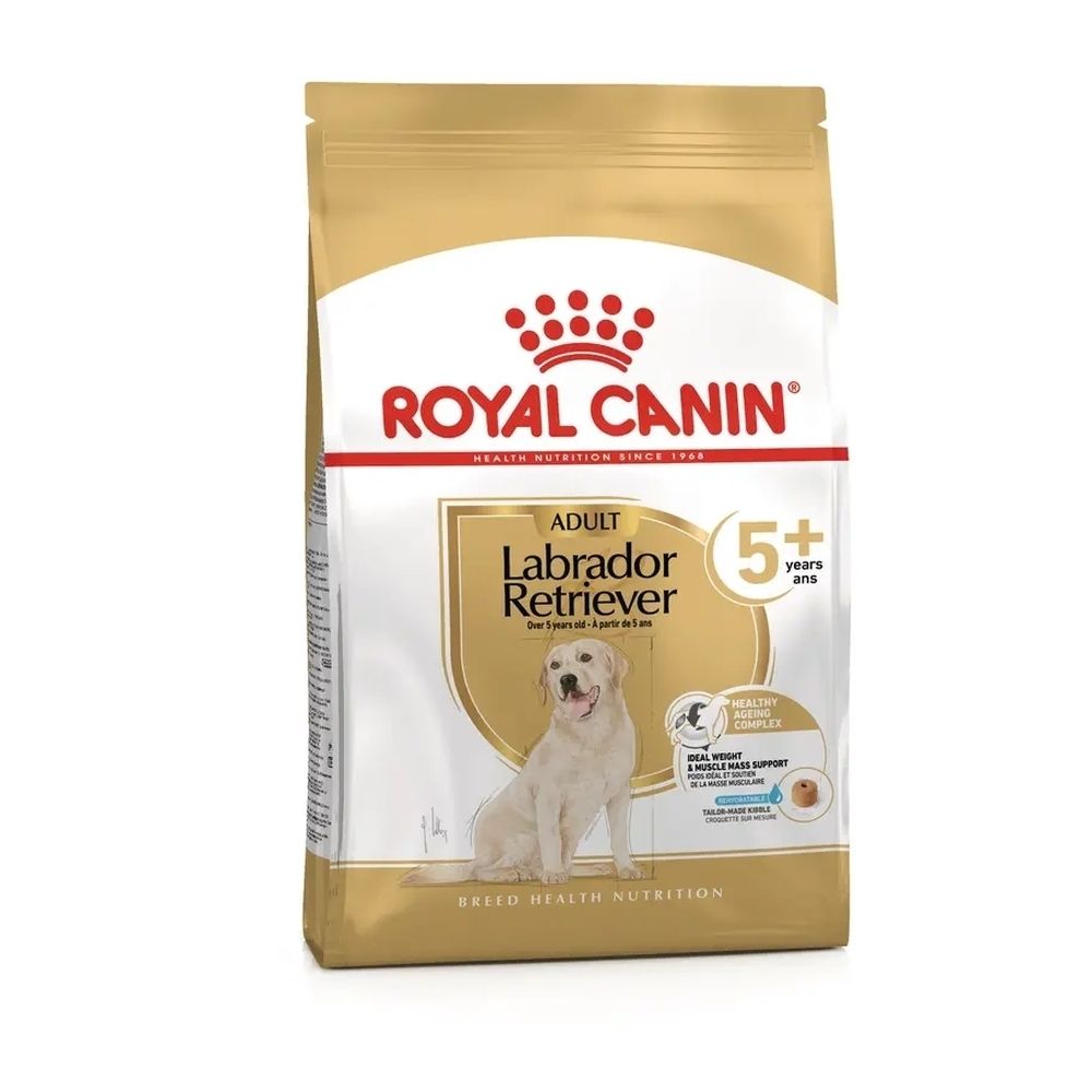 Royal Canin Labrador Retriever 5+ voerzak met Labrador afbeelding en productinformatie.