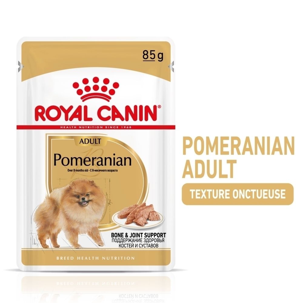 Sachet de nourriture Royal Canin Pomeranian Adulte, 85g. Soutien osseux et articulaire.