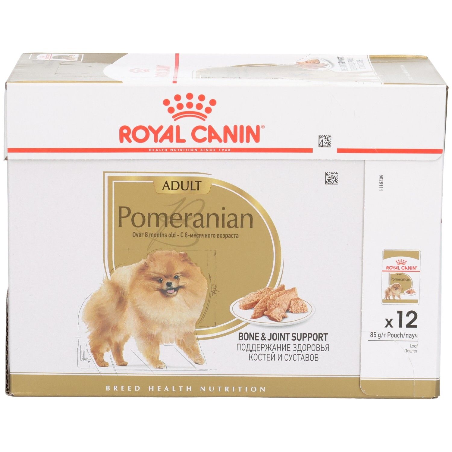 Royal Canin Pomeranian Adult voerdoos, 12x85g zakjes, gericht op bot- en gewrichtsondersteuning.