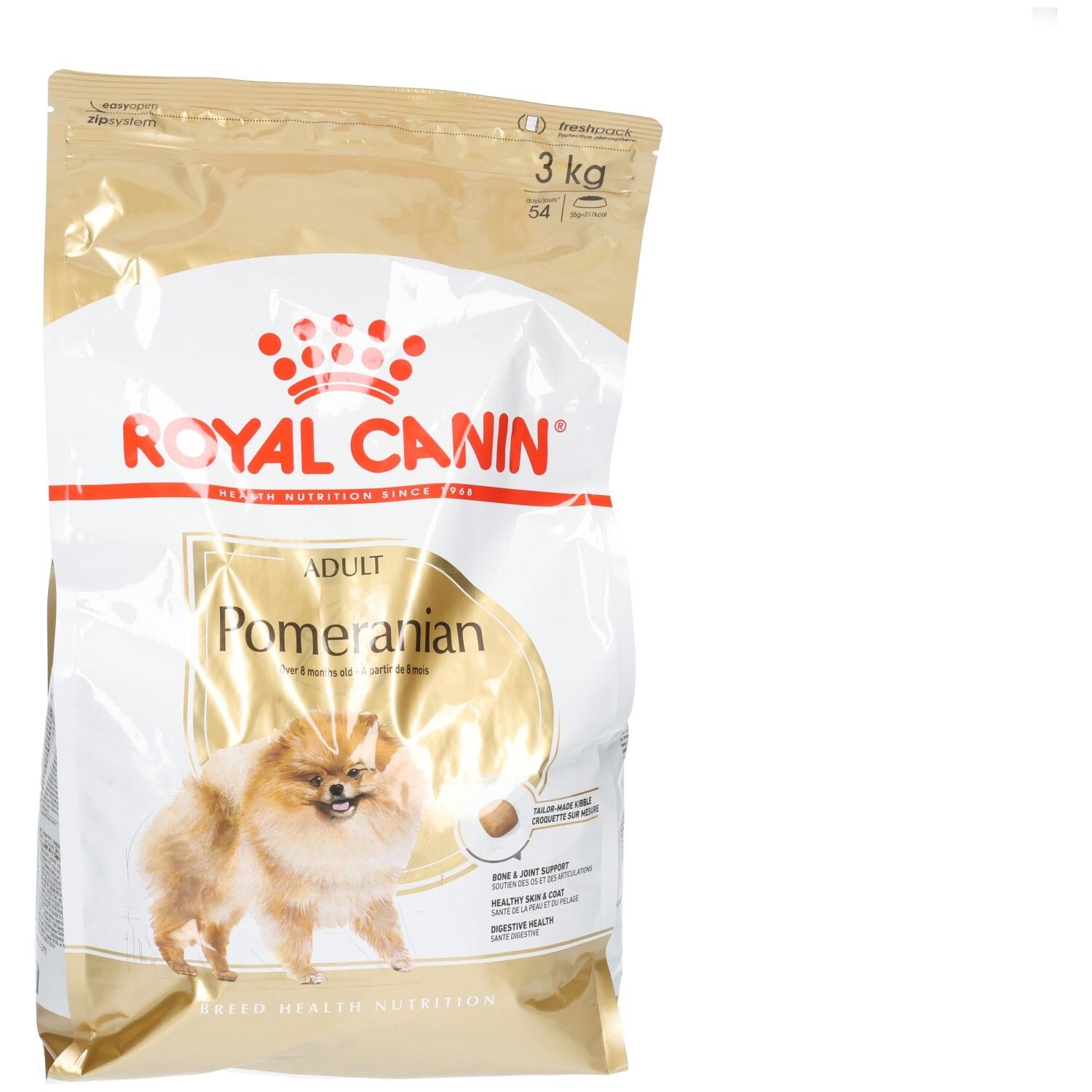 Zak van 3 kg Royal Canin Adult Pomeranian hondenvoer met afbeelding van een Pomeranian.