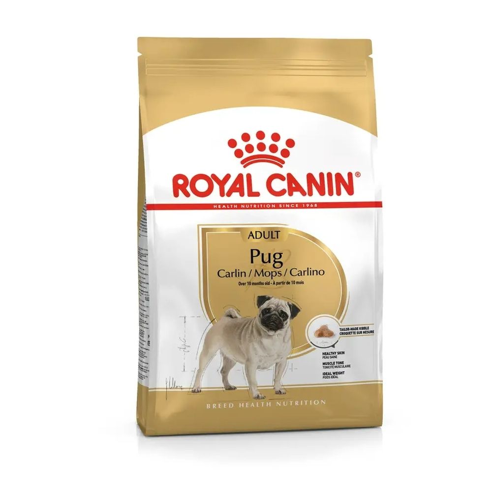 Royal Canin Pug Adult hondenvoerzak met afbeelding van een mopshond en productinformatie.