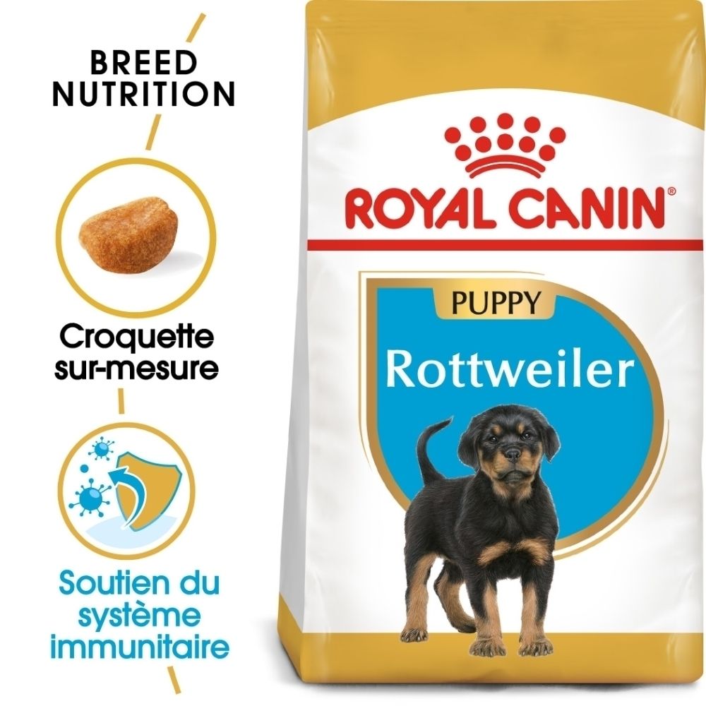 Avant d'un sac de nourriture Royal Canin Rottweiler Puppy avec image d'un chiot et indications sur la nutrition par race.