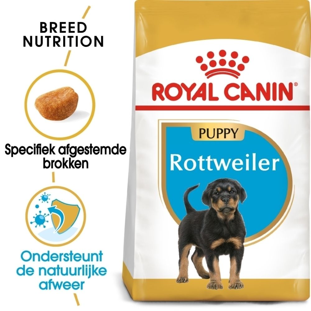 Voorkant van een Royal Canin Rottweiler Puppy voerzak met afbeelding van een puppy en aanwijzingen voor rasspecifieke voeding.