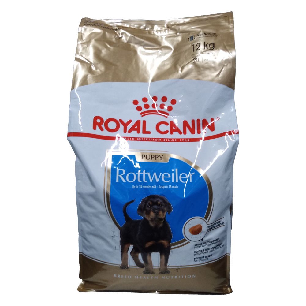 Avant d'un sac de nourriture pour chiots Royal Canin Rottweiler (12 kg) avec image de chiot et informations produit.
