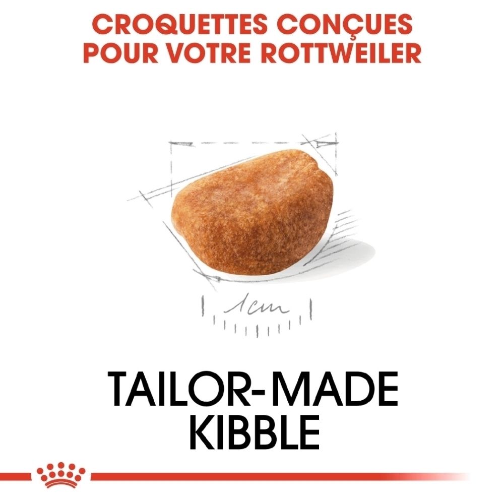 Avant d'un sac de nourriture Royal Canin Rottweiler Puppy avec image d'un chiot et indications sur la nutrition par race.