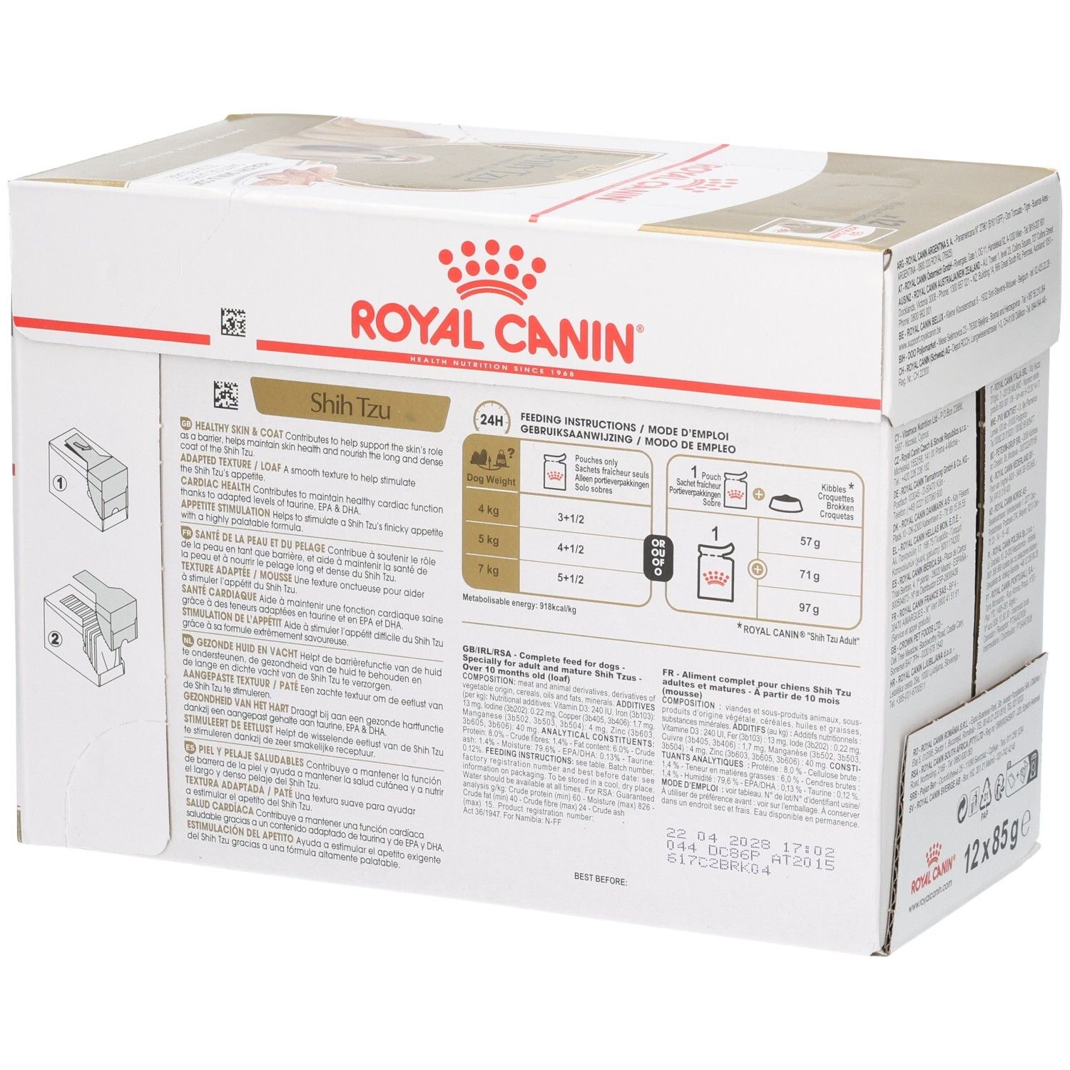 Royal Canin Shih Tzu Adulte : Recommandations d'alimentation et instructions sur l'emballage.