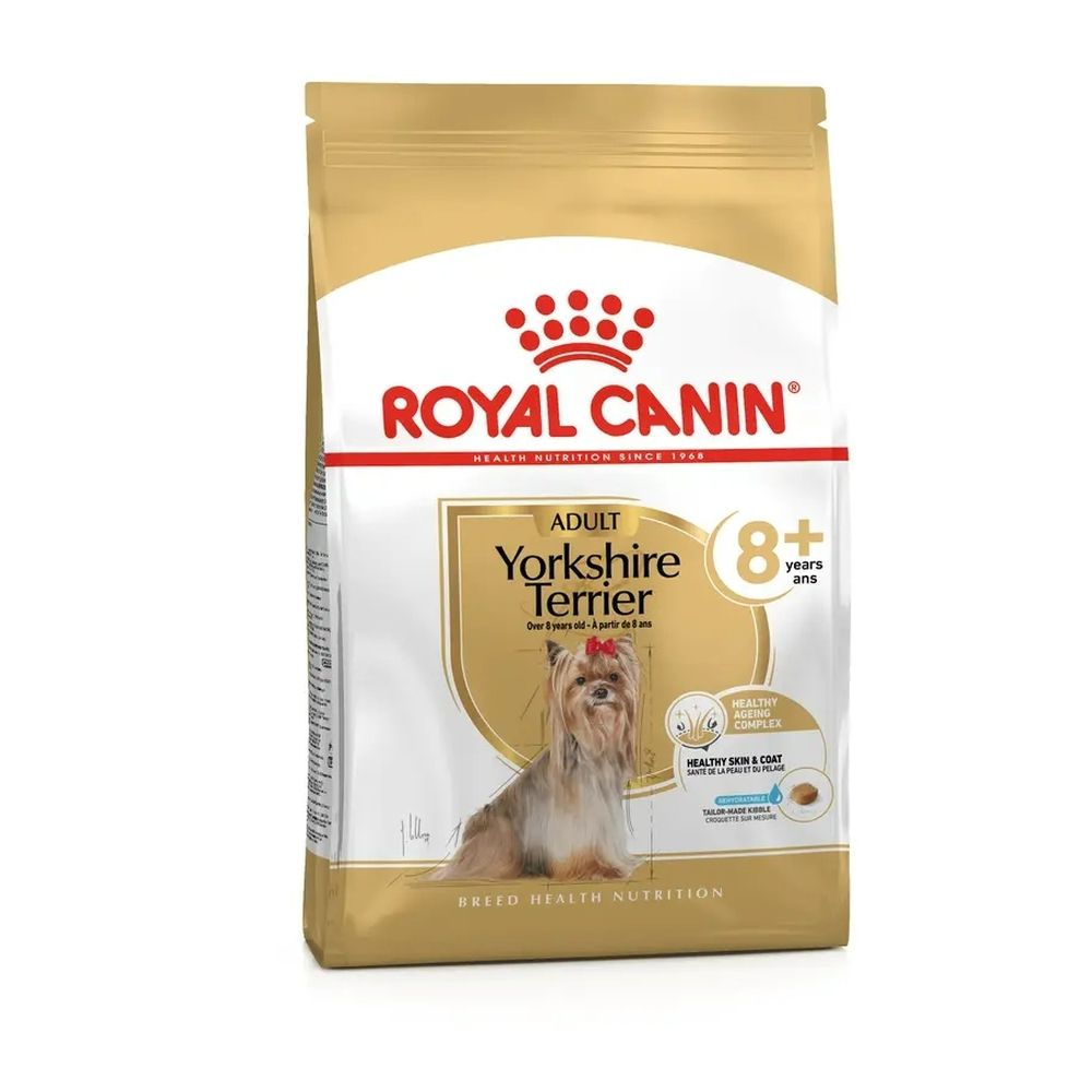Royal Canin Yorkshire Terrier 8+ Adult hondenvoer, 1kg zak met afbeelding van Yorkshire Terriër.