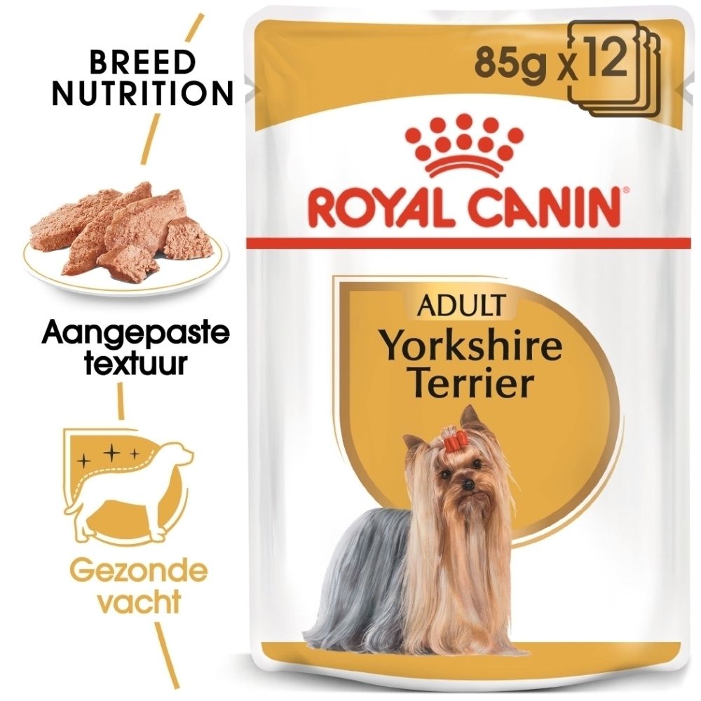Royal Canin Adult Yorkshire Terrier hondenvoer zakje, 85g x 12. Toont hond en voedseltextuur.