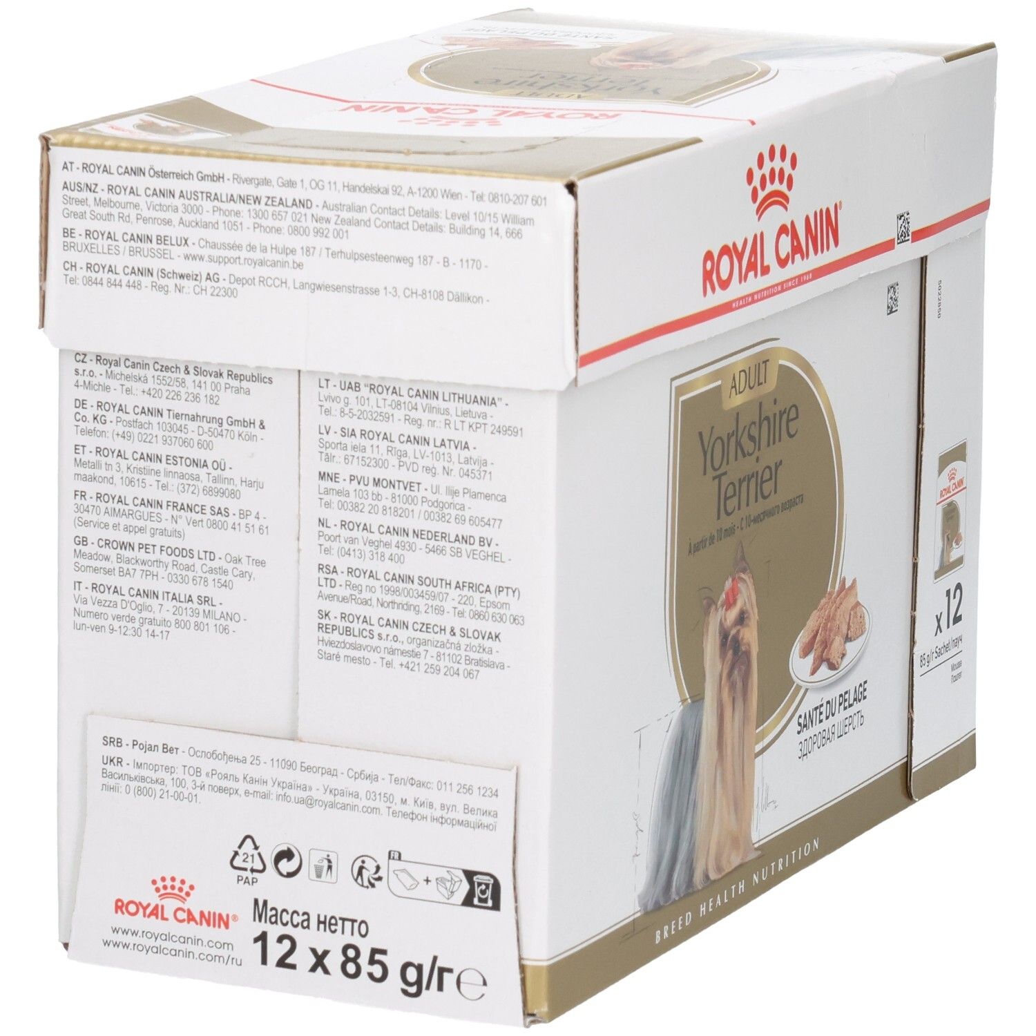Achterkant van de Royal Canin Yorkshire Terrier Adult multipack met adresinformatie.
