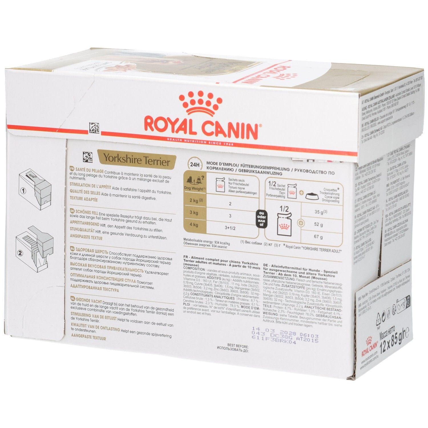 Zijaanzicht van de Royal Canin Yorkshire Terrier Adult multipack met voedingsinstructies.