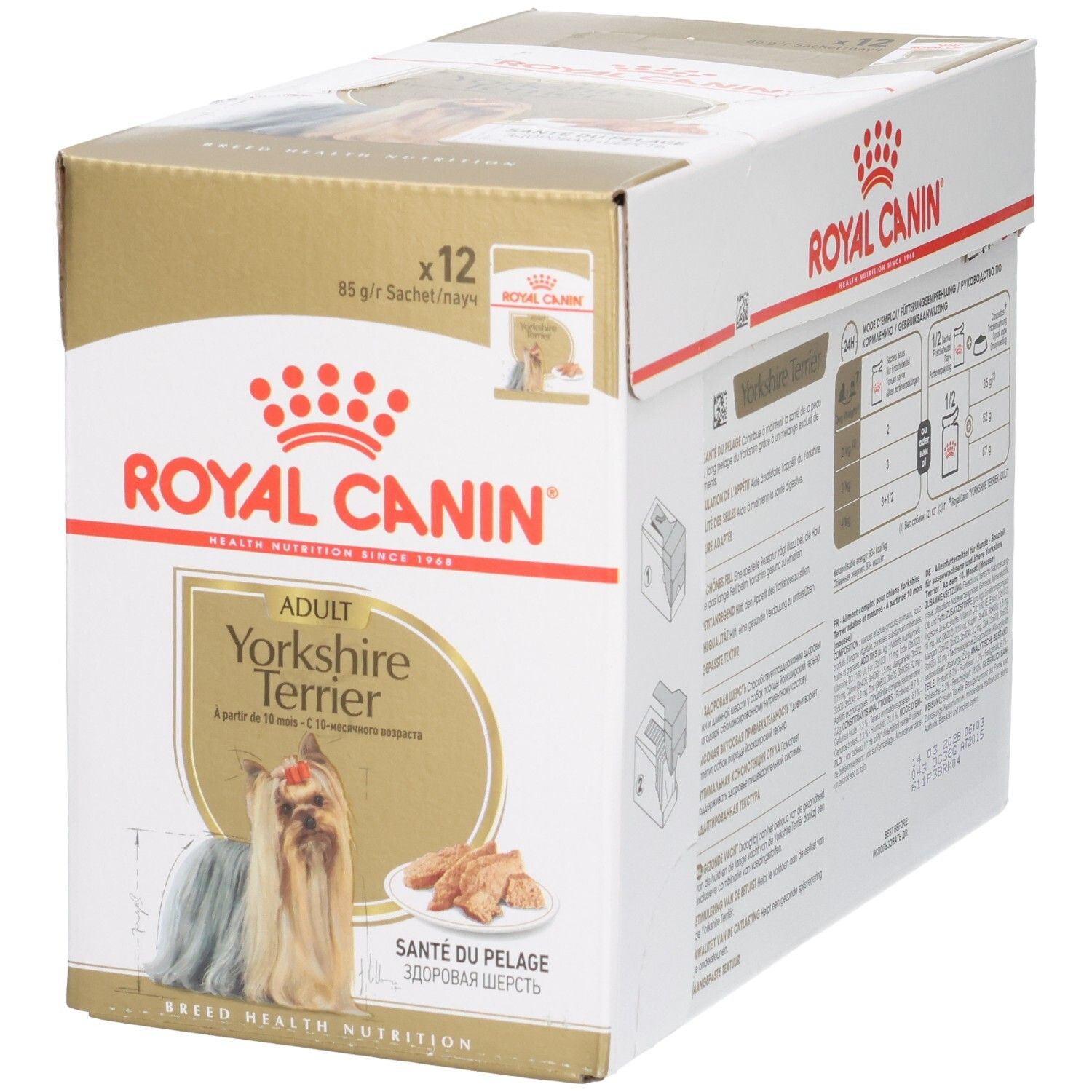 Voorkant van de Royal Canin Yorkshire Terrier Adult multipack met hondenafbeelding.