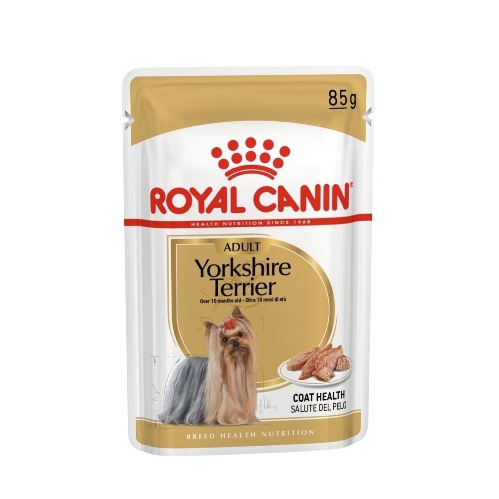 Royal Canin Adult Yorkshire Terrier voerzakje, 85g. Met afbeelding van een Yorkshire Terriër en voer.