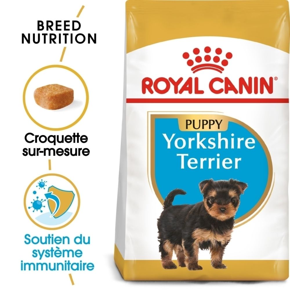 Nourriture Royal Canin Yorkshire Terrier Puppy. Face avant avec image de chiot, croquette et soutien immunitaire.