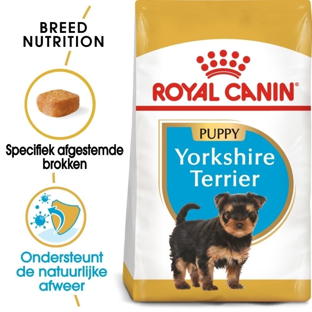Royal Canin Yorkshire Terrier Puppy hondenvoer. Voorkant met puppyfoto, brokje en immuunondersteuning.