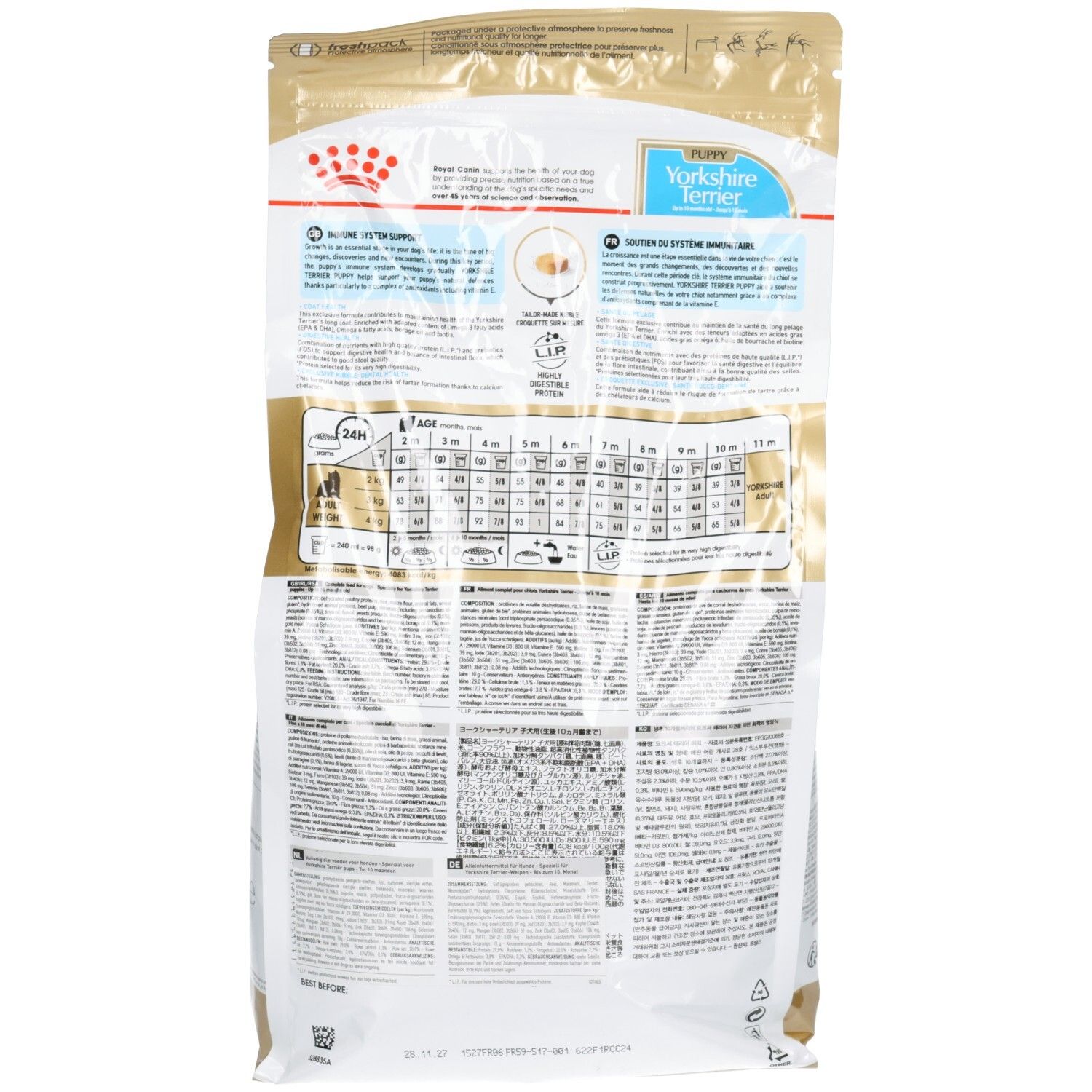 Arrière d'un sac de 1,5 kg de nourriture Royal Canin Yorkshire Terrier Puppy avec informations nutritionnelles.