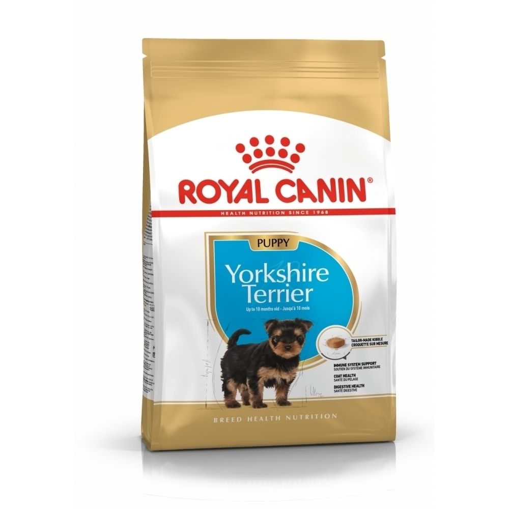 Nourriture Royal Canin Yorkshire Terrier Puppy. Face avant avec image de chiot et informations produit.