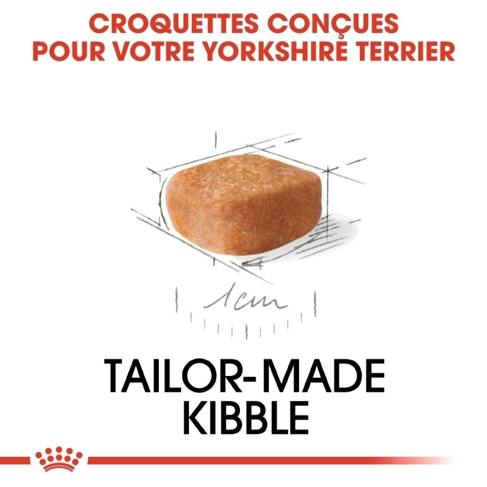 Nourriture Royal Canin Yorkshire Terrier Puppy. Face avant avec illustration d'une croquette sur mesure.