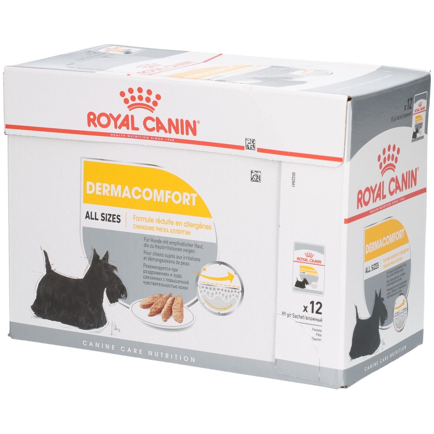 Royal Canin DERMACOMFORT hondenvoerdoos, 12x85g zakjes, voor alle rassen, met Scottie hond illustratie.