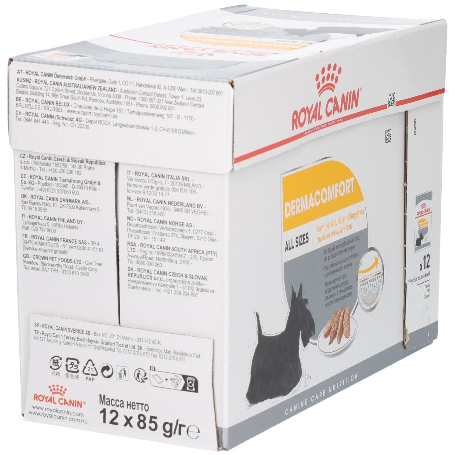 Achterkant van de Royal Canin DERMACOMFORT doos met adresinformatie en productkenmerken.