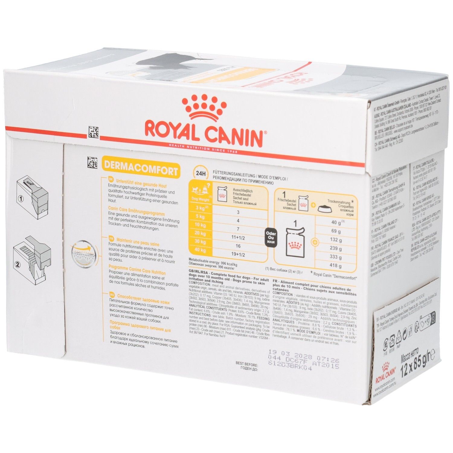 Zijaanzicht van de Royal Canin DERMACOMFORT doos met voeradvies en productinformatie.