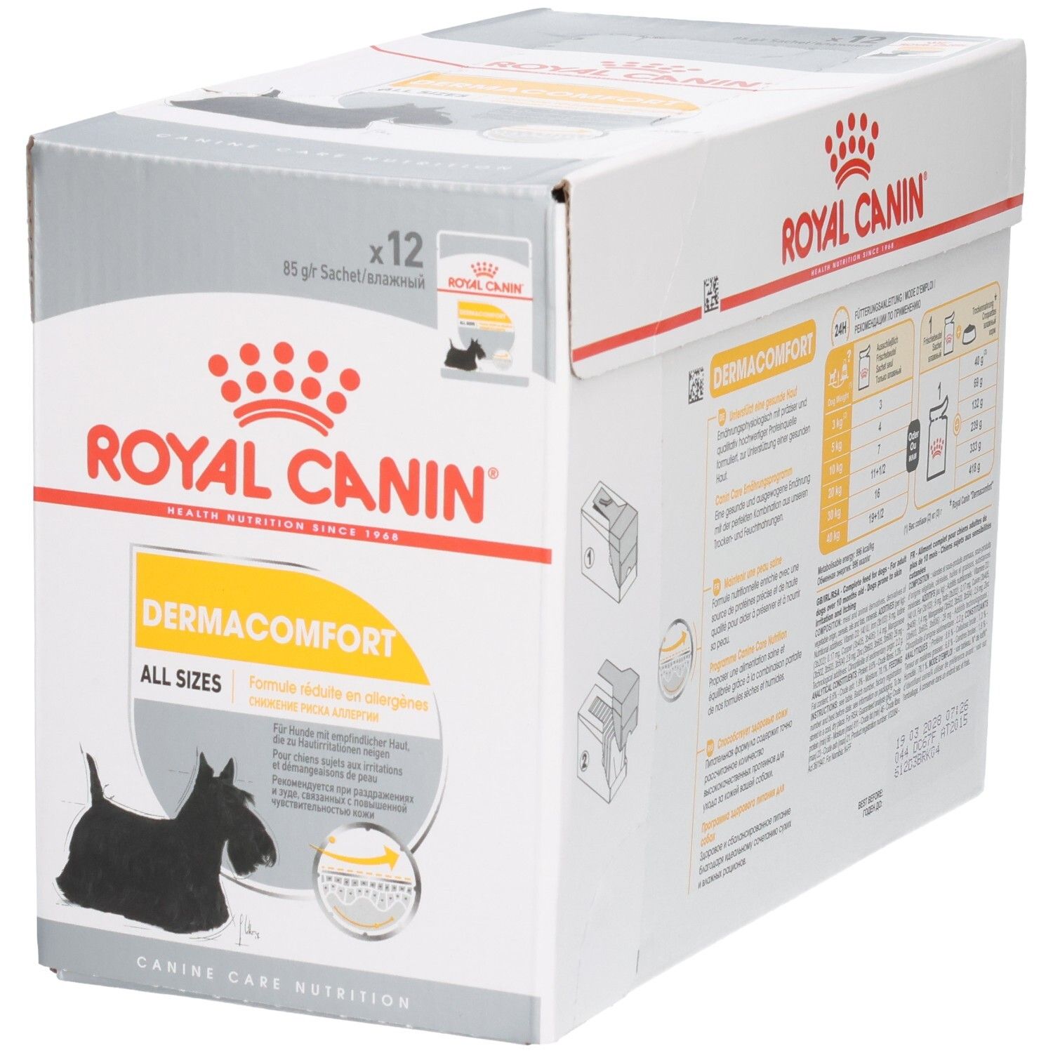 Royal Canin DERMACOMFORT hondenvoerdoos, 12x85g zakjes, met Scottie hond illustratie en voerinstructies.