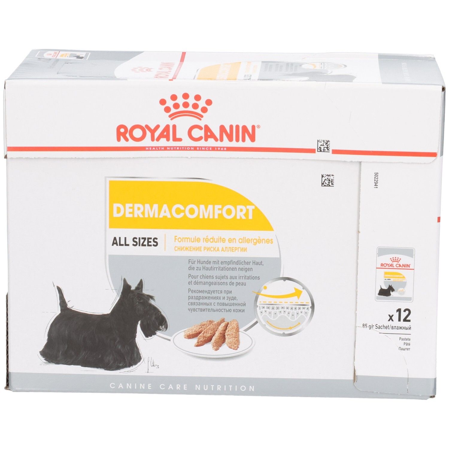 Voorkant van de Royal Canin DERMACOMFORT doos, 12x85g zakjes, met Scottie hond illustratie en productbeschrijving.