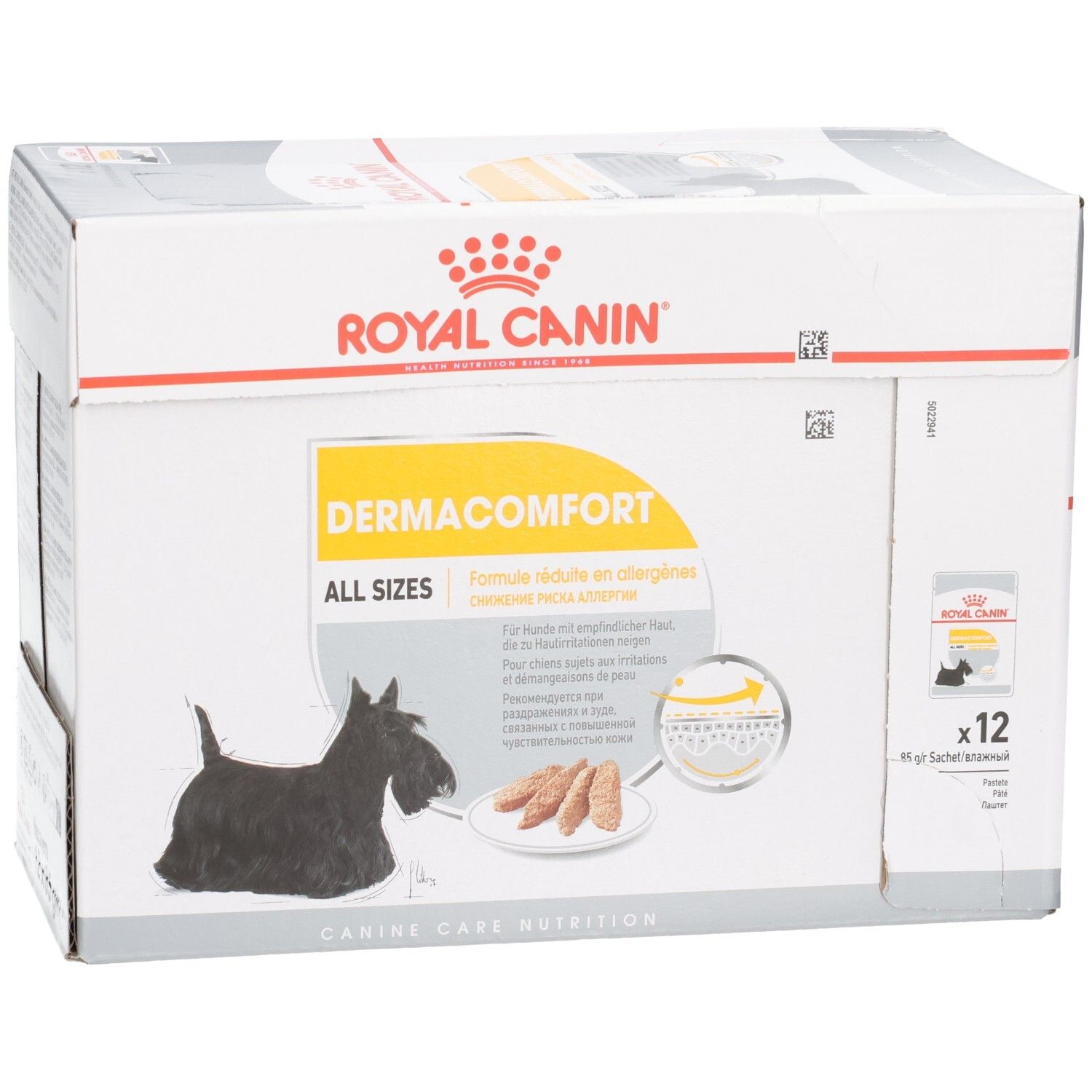 Royal Canin DERMACOMFORT hondenvoerdoos, 12x85g zakjes, met Scottie hond illustratie en gedetailleerd zicht op brokjes.