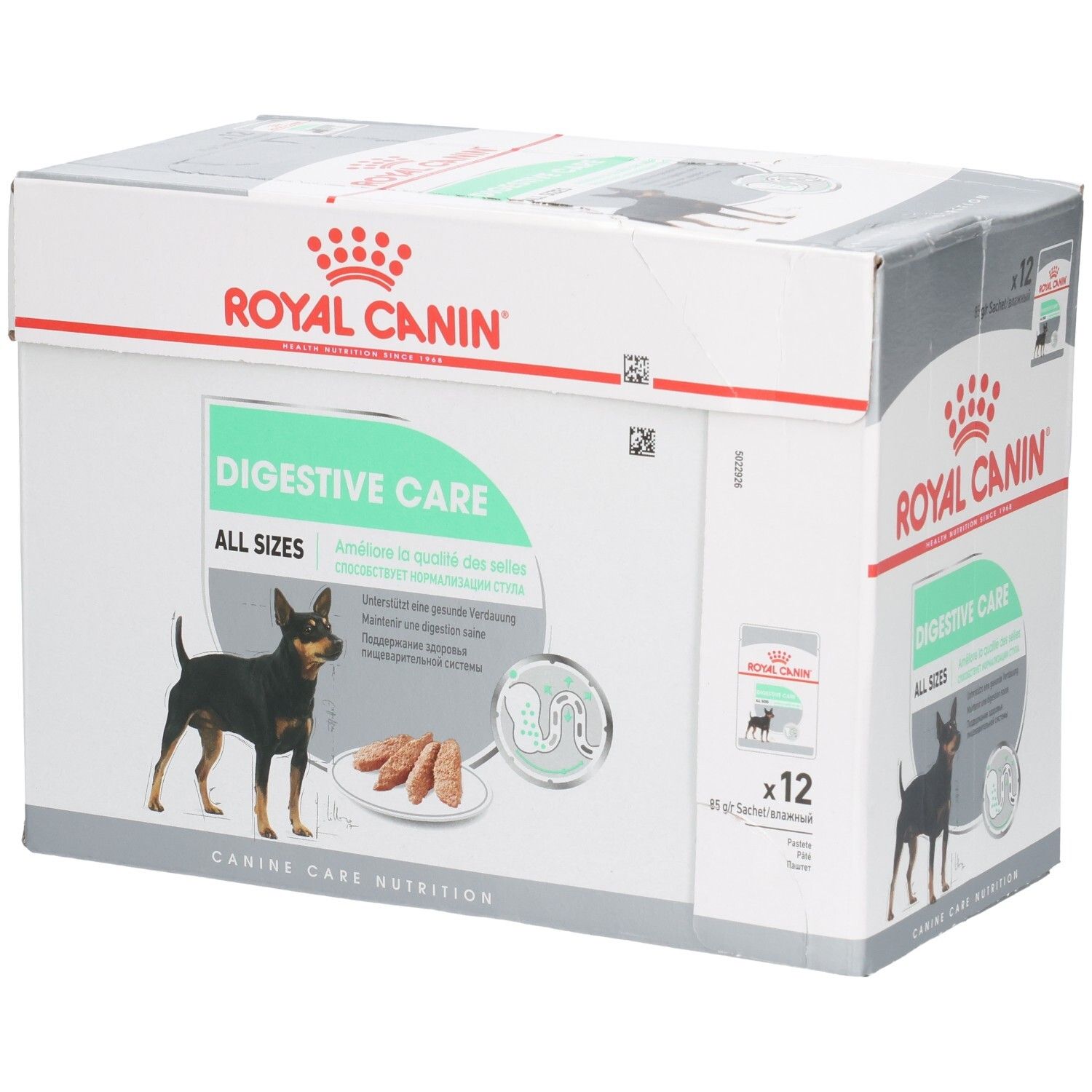 Royal Canin Digestive Care doos met 12 zakjes van 85g, voor alle hondenmaten.