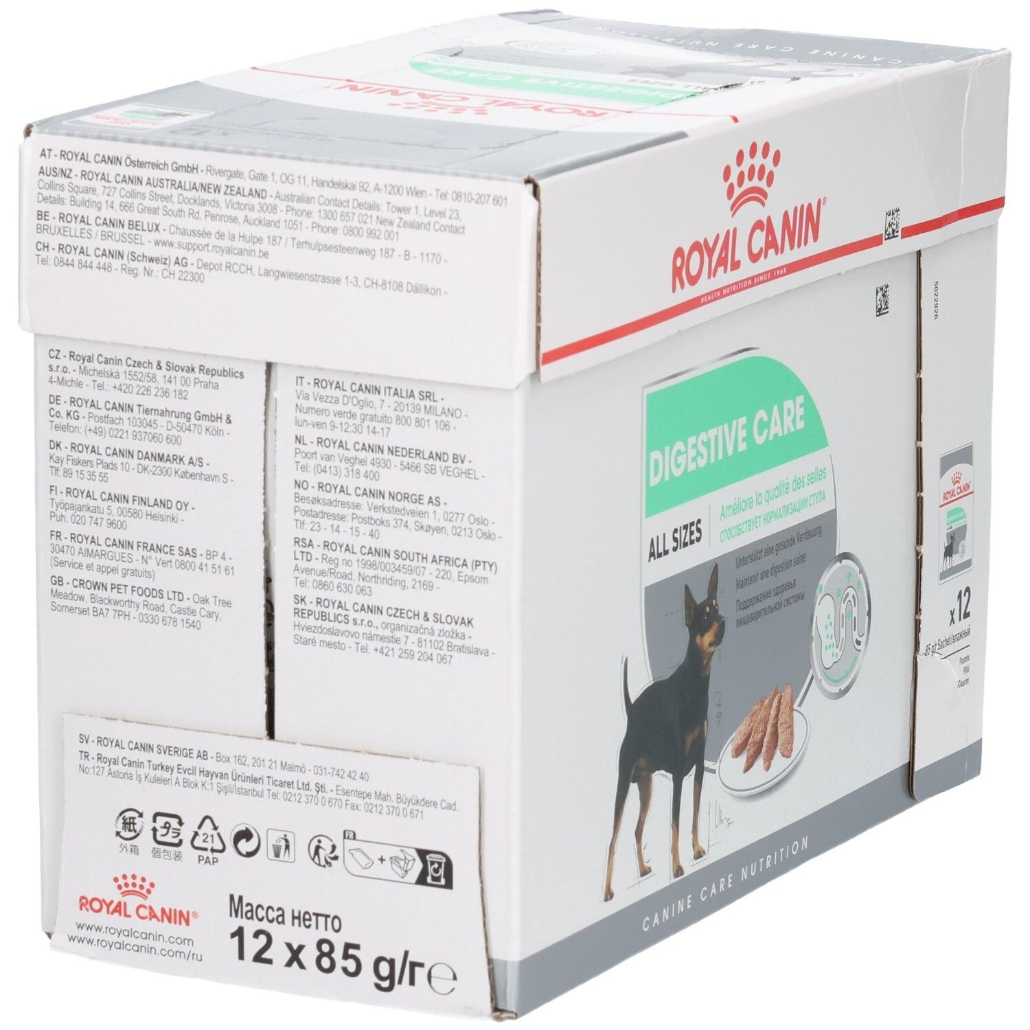 Achterkant van de Royal Canin Digestive Care doos met productinformatie en adressen.
