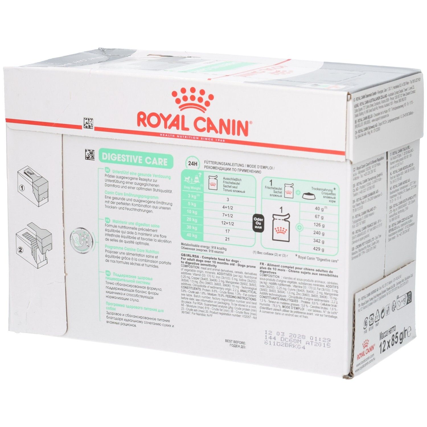 Zijaanzicht van de Royal Canin Digestive Care doos met voedingsadviezen.