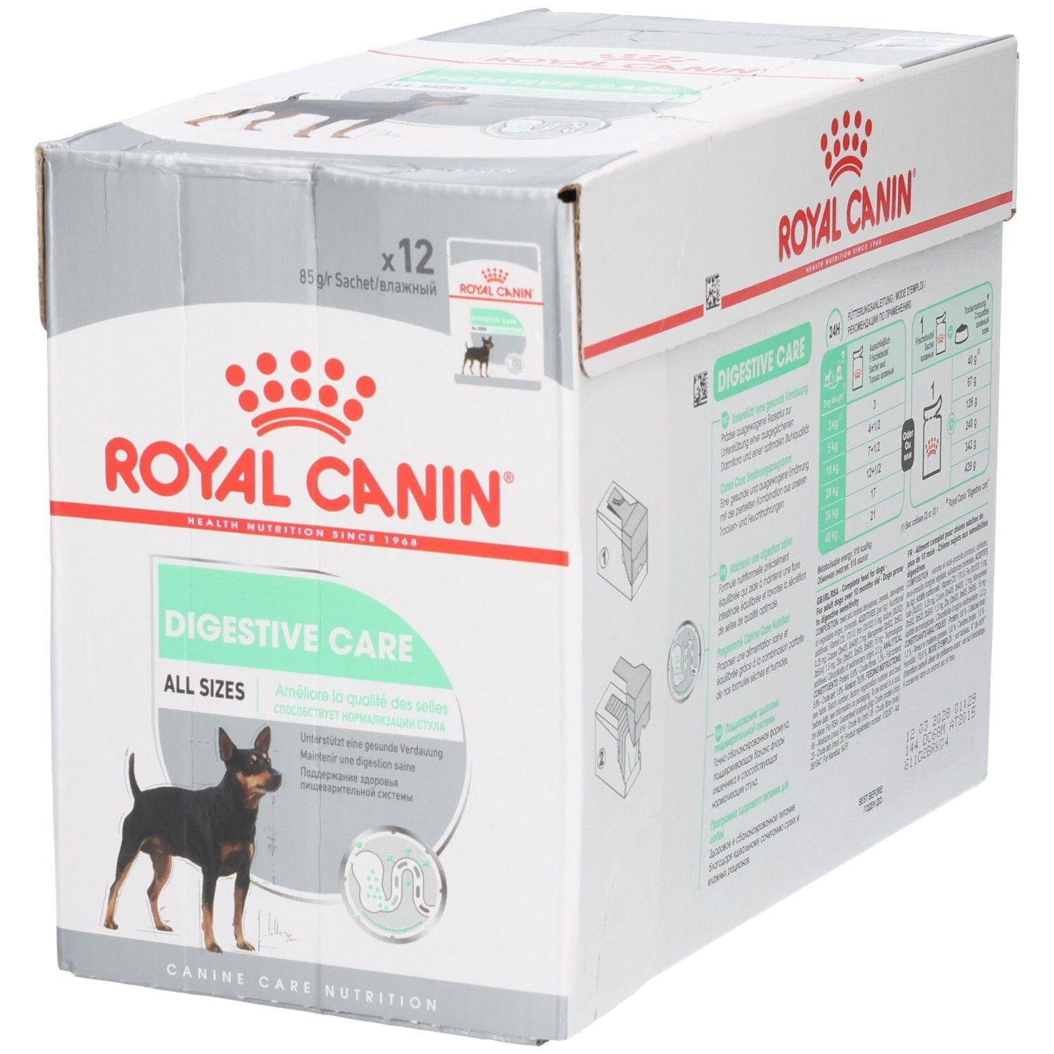Voorkant van de Royal Canin Digestive Care doos met hondenafbeelding en productnaam.