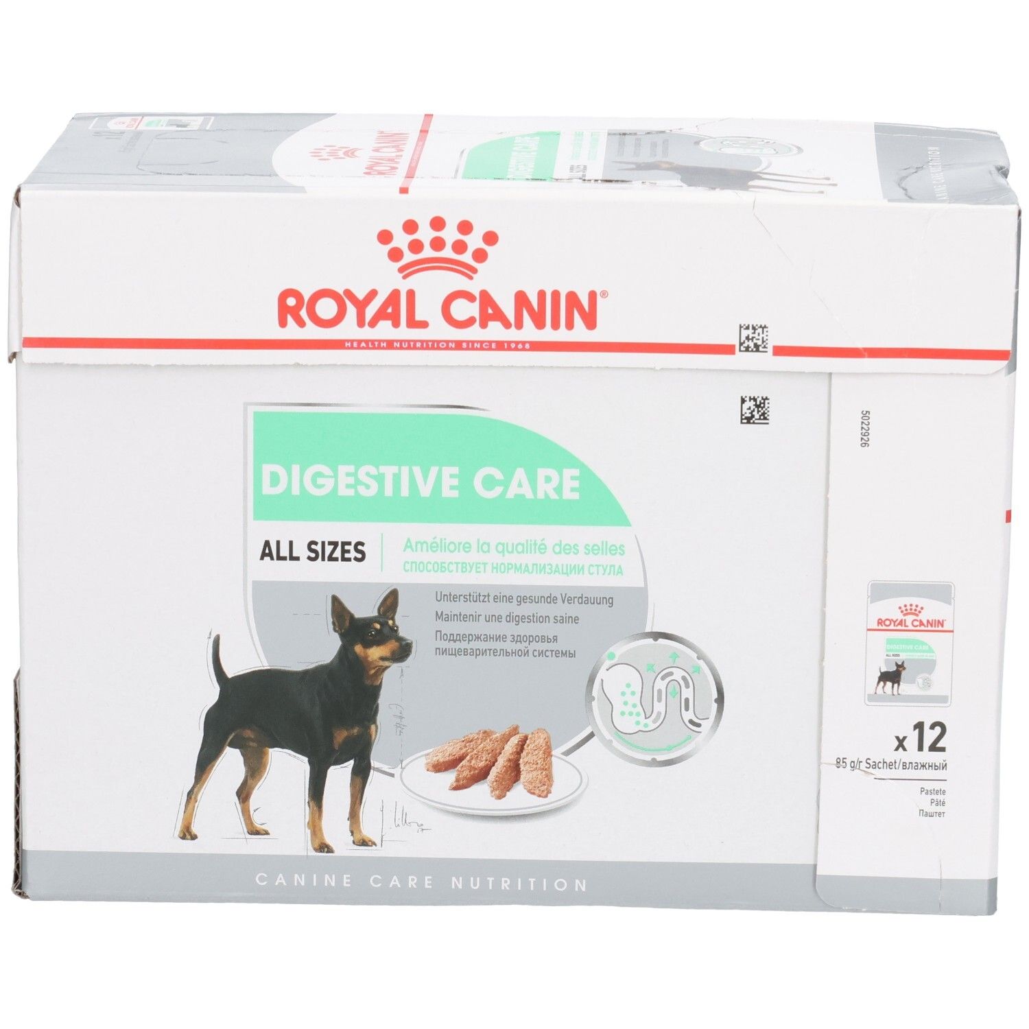 Royal Canin Digestive Care doos, vooraanzicht met hond en productnaam.