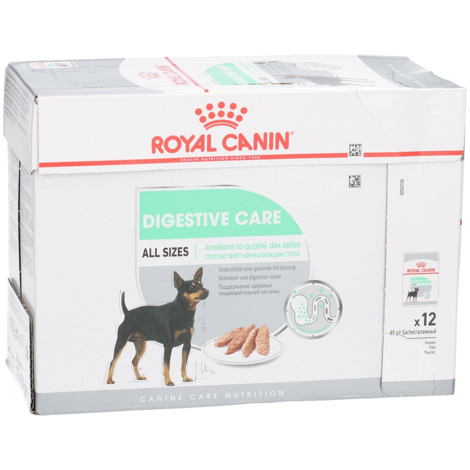 Royal Canin Digestive Care doos, schuin vooraanzicht met hond en productnaam.