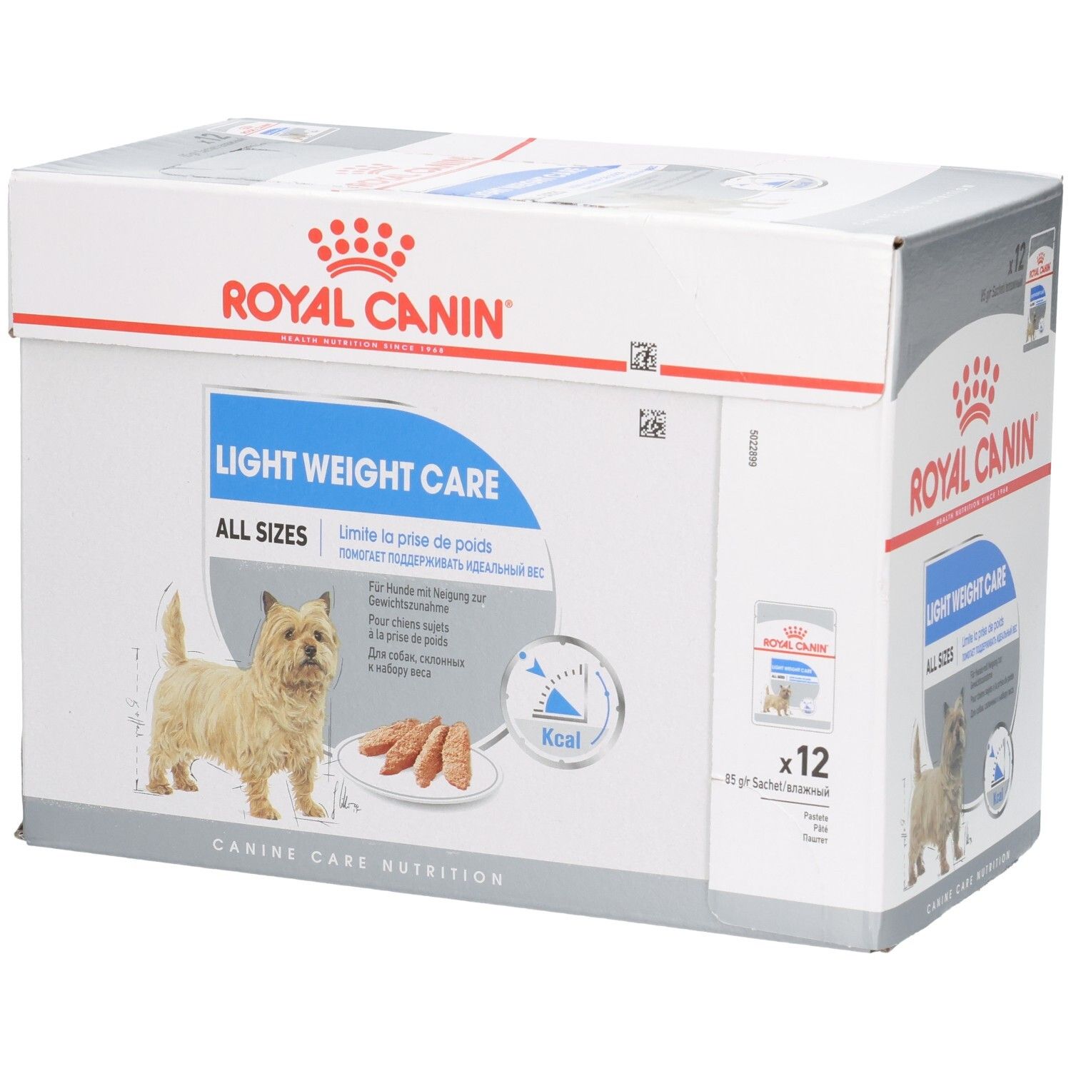 Royal Canin Light Weight Care All Sizes hondenvoerdoos, 12x85g zakjes. Bevat een Cairn Terriër.