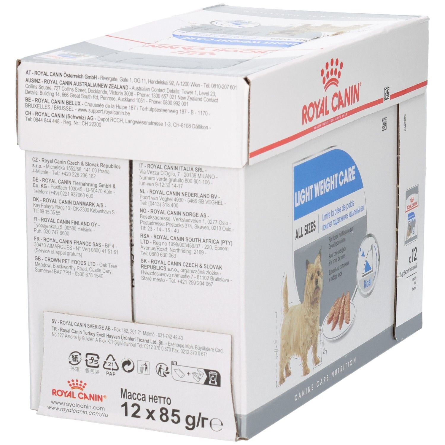 Achterkant van de Royal Canin Light Weight Care doos met adresinformatie en productoverzicht.