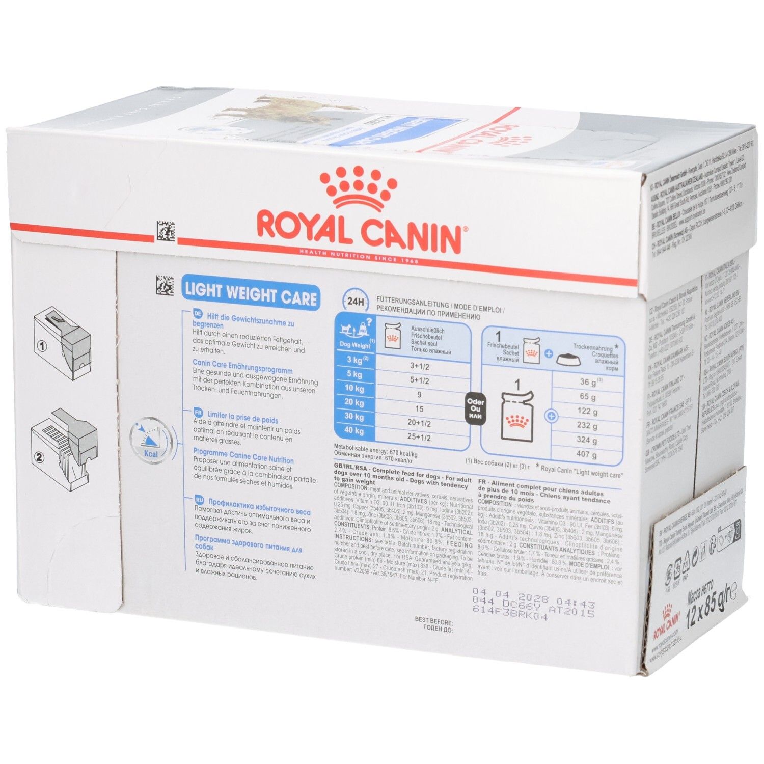 Zijaanzicht van de Royal Canin Light Weight Care doos met voeradviezen en productinformatie.