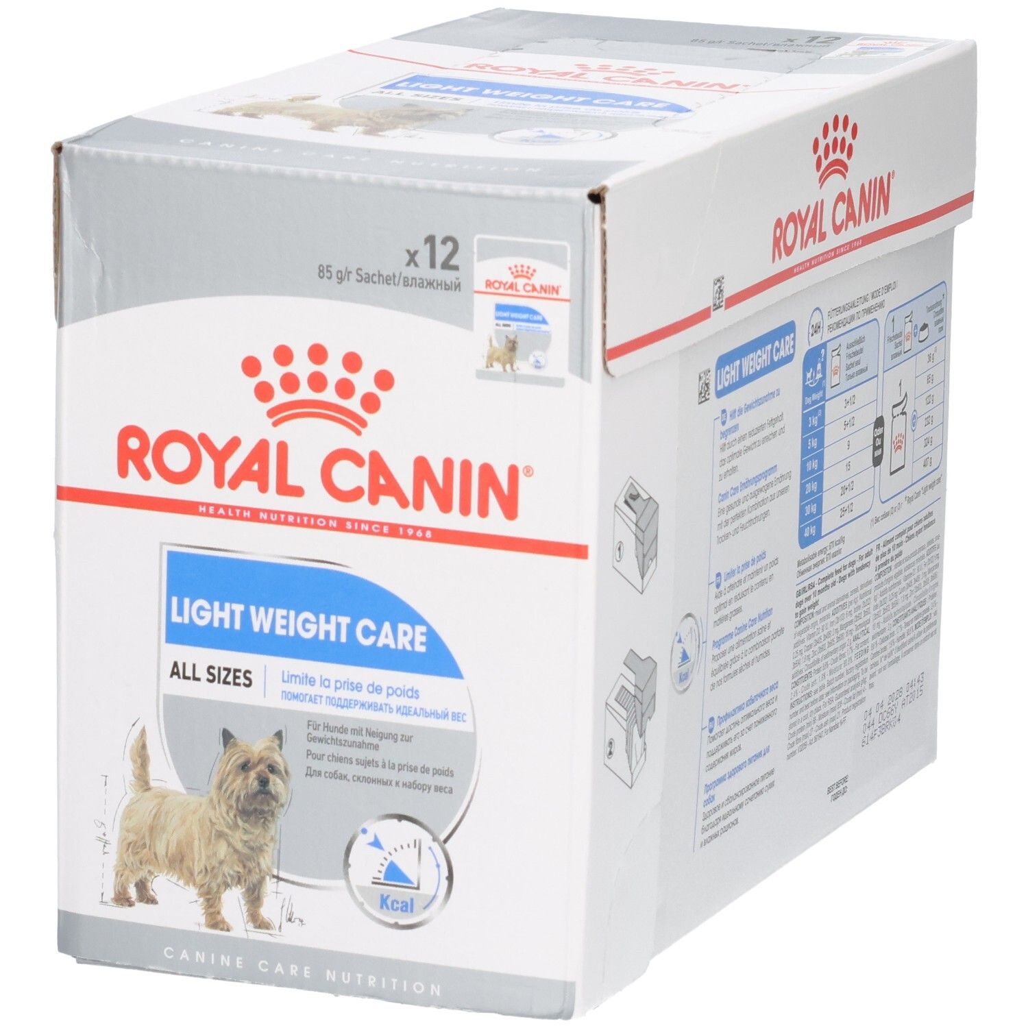 Royal Canin Light Weight Care All Sizes hondenvoerdoos, 12x85g zakjes. Bevat een Cairn Terriër.