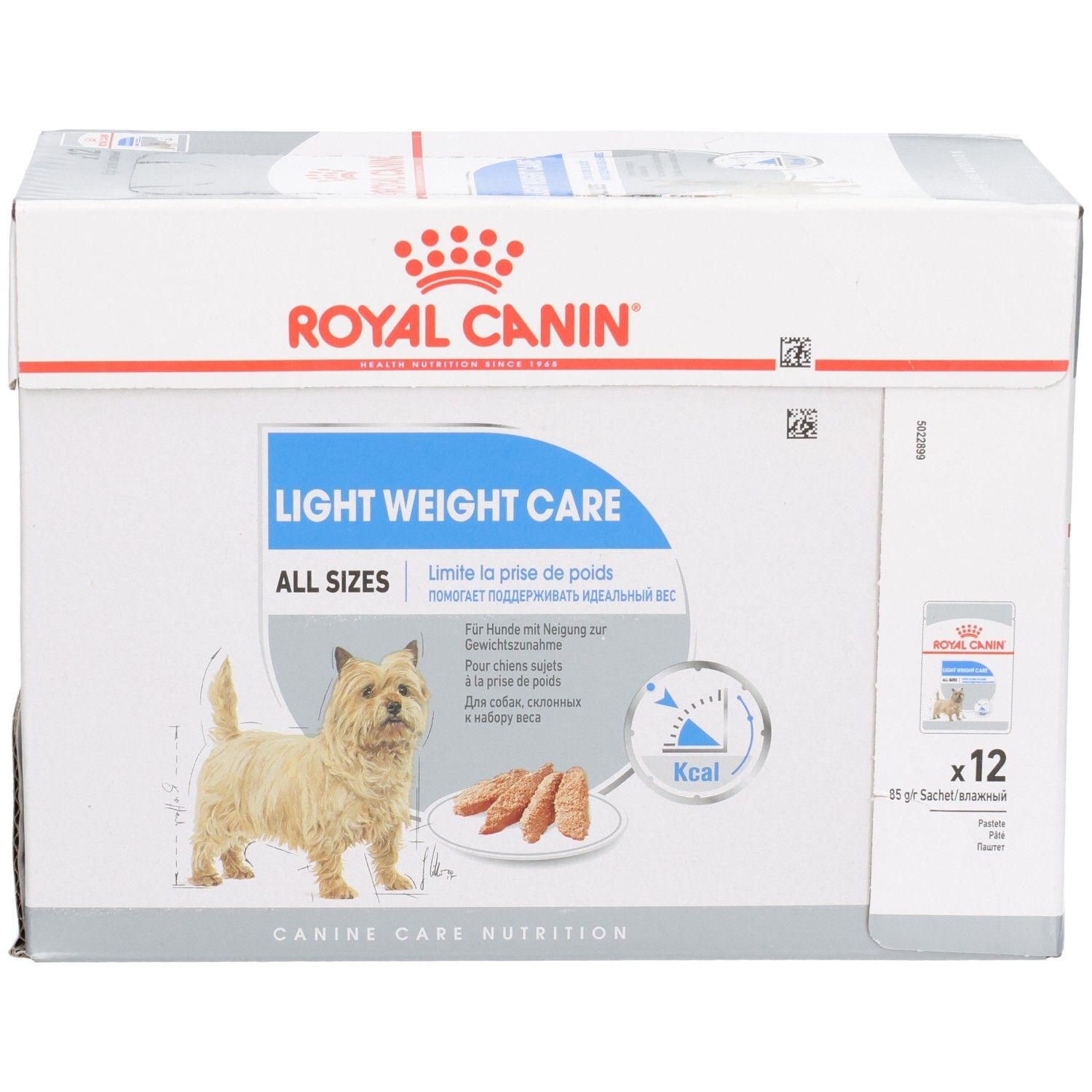 Royal Canin Light Weight Care All Sizes hondenvoerdoos, 12x85g zakjes. Bevat een Cairn Terriër.