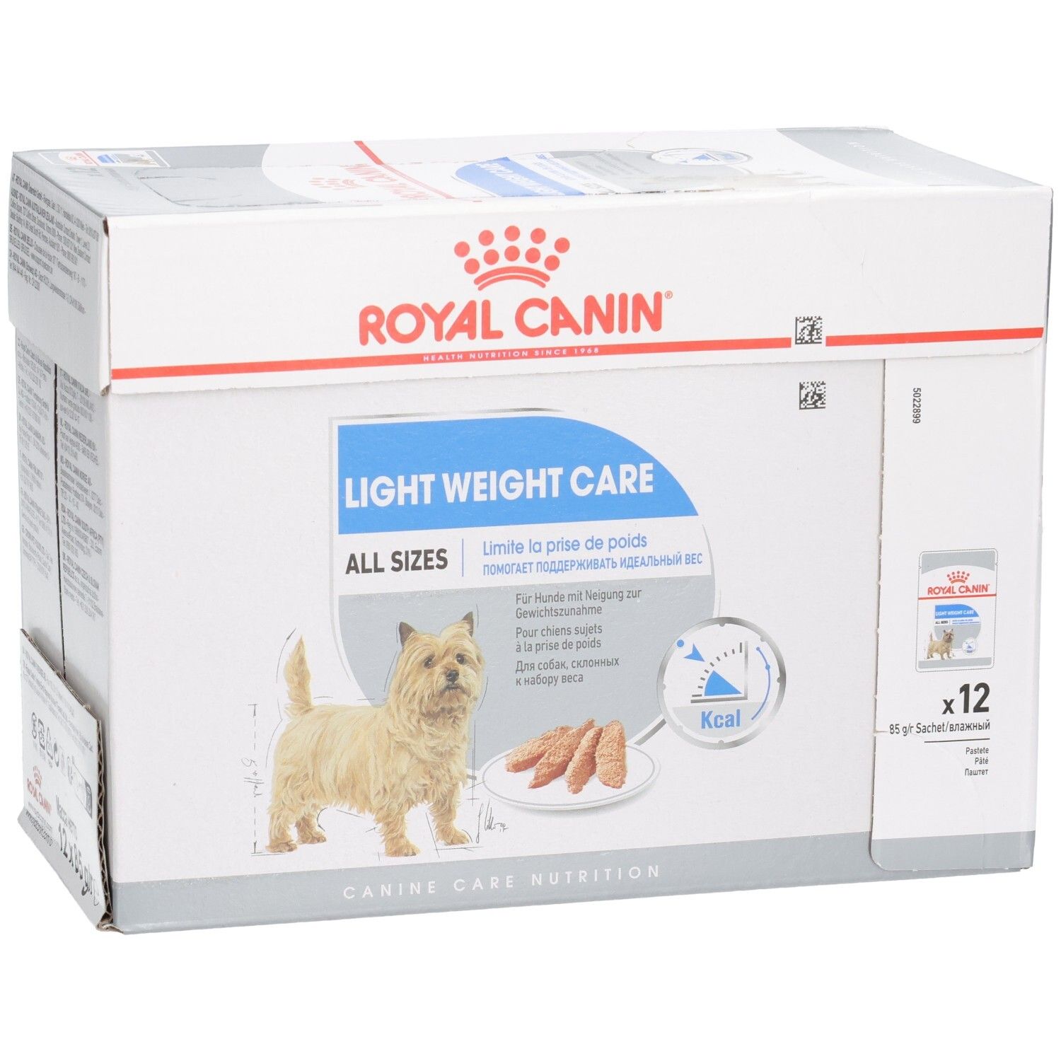 Royal Canin Light Weight Care All Sizes hondenvoerdoos, 12x85g zakjes. Bevat een Cairn Terriër.