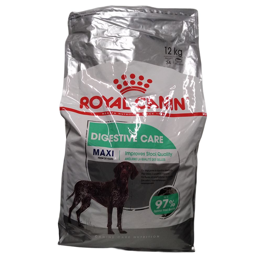 Royal Canin Maxi Digestive Care hondenvoer, 12 kg zak met hondafbeelding.